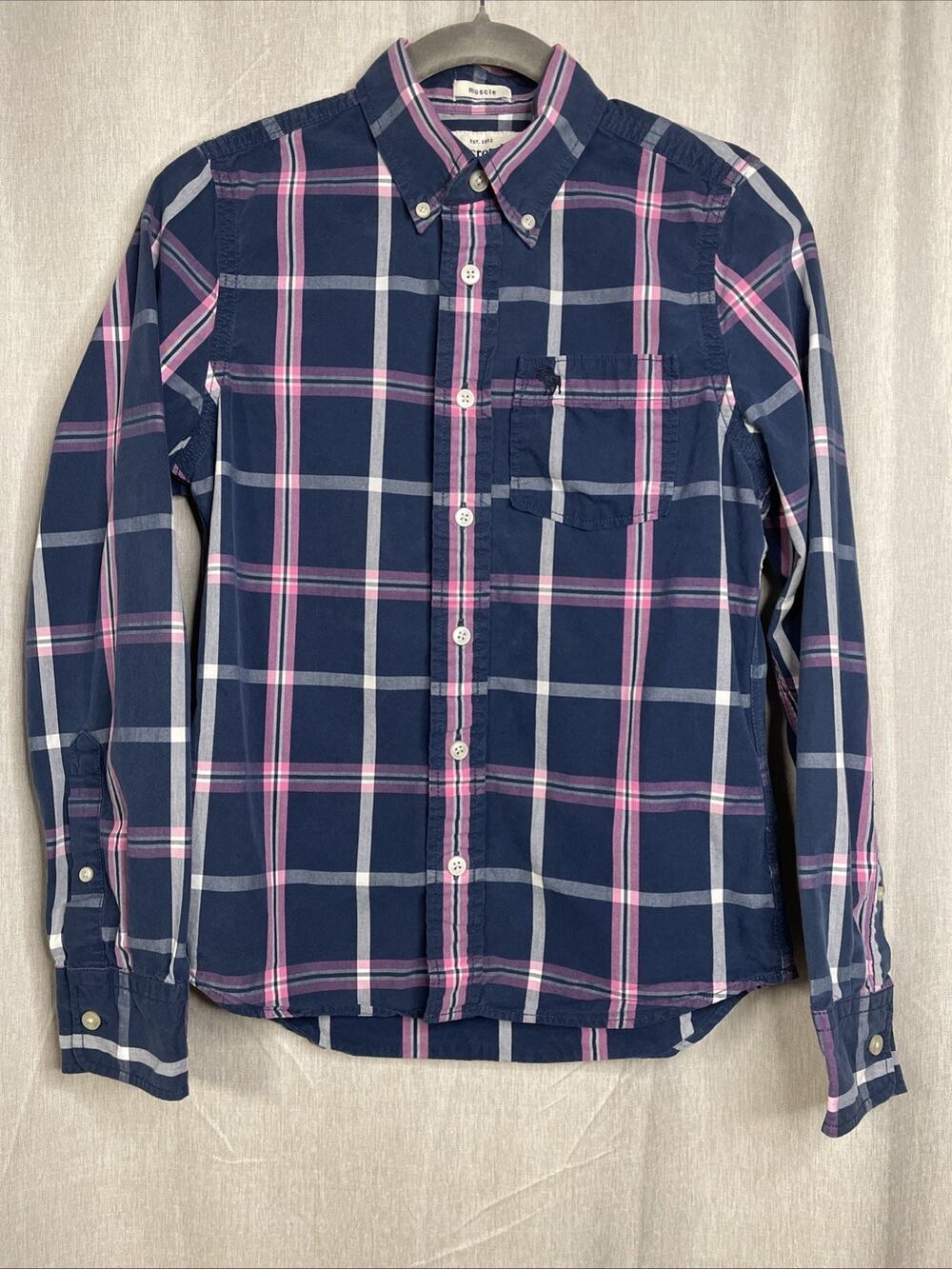 Abercrombie & Fitch Boys Muscle Shirt Size Large Plaid Cotton Button Up Preppy